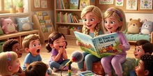 Paula y Dasha leyendo cuentos a los guapos y guapas de infantil :). Curso 2025/2026