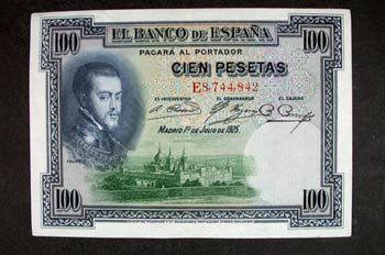 Anverso de un billete de cien pesetas acuñado por el Banco de Es