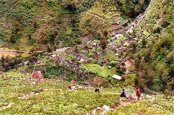 Plano aéreo de poblado en el Valle de Baliem, Irian Jaya, Indone