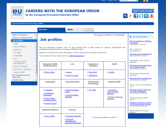 Job Profiles in EU website 