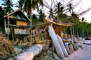 Casa en la playa construida con restos de madera traídos por las