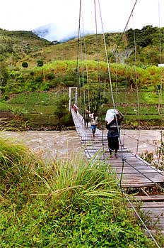 Gentes cruzando un puente, Irian Jaya, Indonesia