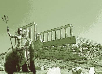 Fotomontaje de Neptuno con ruinas griegas al fondo