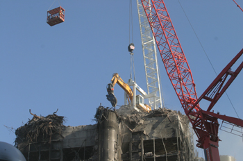 Grúa que ha demolido el edificio Windsor, en acción en la cima d
