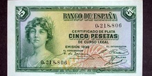 Anverso de un billete de cinco pesetas acuñado por el Banco de E