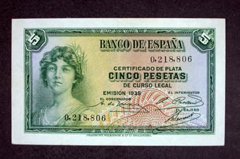 Anverso de un billete de cinco pesetas acuñado por el Banco de E