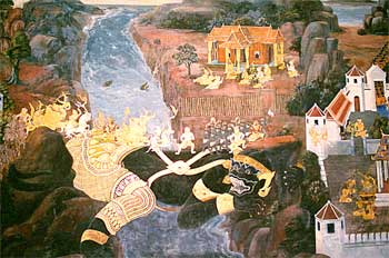 Frescos en pared con escenas míticas, Bangkok, Tailandia