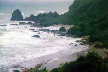Roque y playa en Abel Tasman, Nueva Zelanda