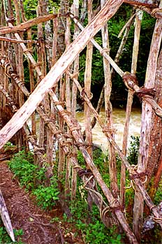 Puente de madera con protecciones, Irian Jaya, Indonesia