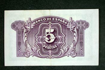 Reverso de un billete de cinco pesetas acuñado por el Banco de E