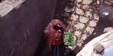 Mujer pasando por una calle, con manojo de verduras, Yemen