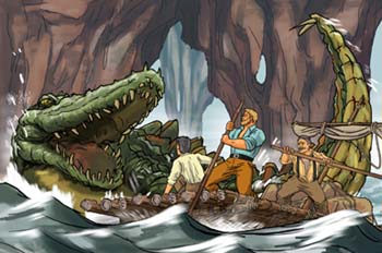 Viaje al centro de la Tierra: Un cocodrilo monstruoso atacando a
