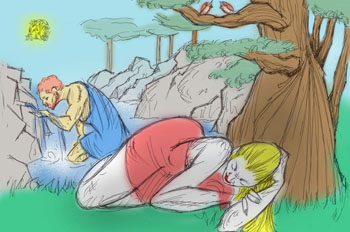 Baño de Galatea y aparición de Acis