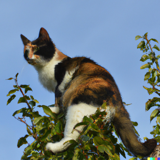 COLOURED CAT AT THE TOP OF A TREE