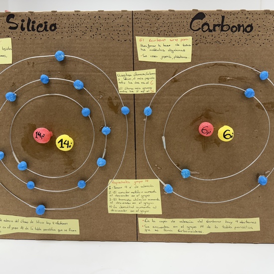 Maqueta de los átomos de carbono y silicio según el modelo atómico de Bohr