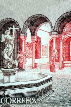 Detalle de un sello de correos con la imagen del Hospital de la