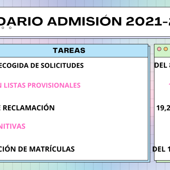 Fechas de admisisón curso 2021/22
