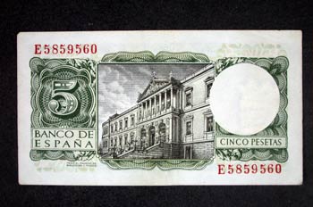 Reverso de un billete de cinco pesetas acuñado por el Banco de E