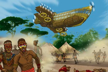 Robur el conquistador: El Albatros sobrevolando el pueblo de Dah