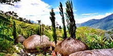 Vista de poblado en el valle de Baliem, Irian Jaya, Indonesia