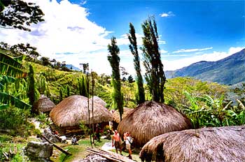 Vista de poblado en el valle de Baliem, Irian Jaya, Indonesia